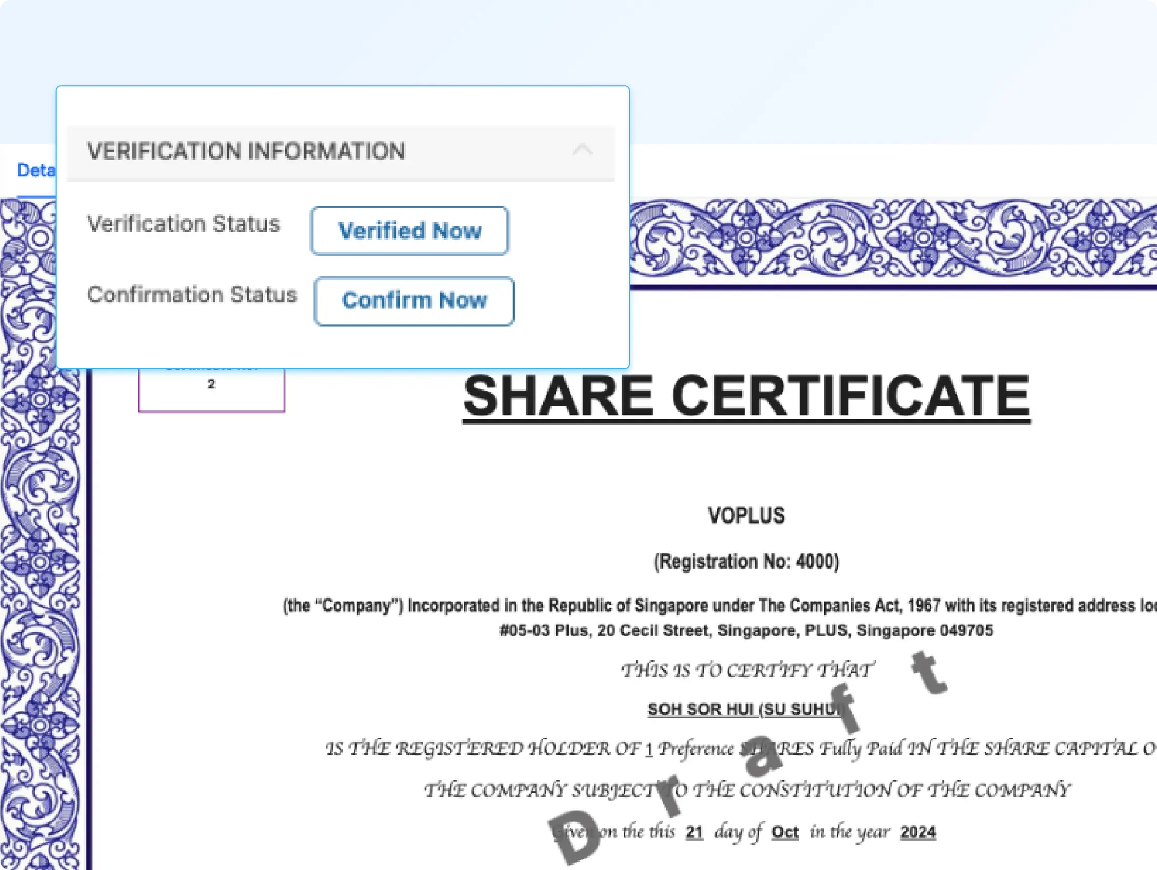 Digital share certificates