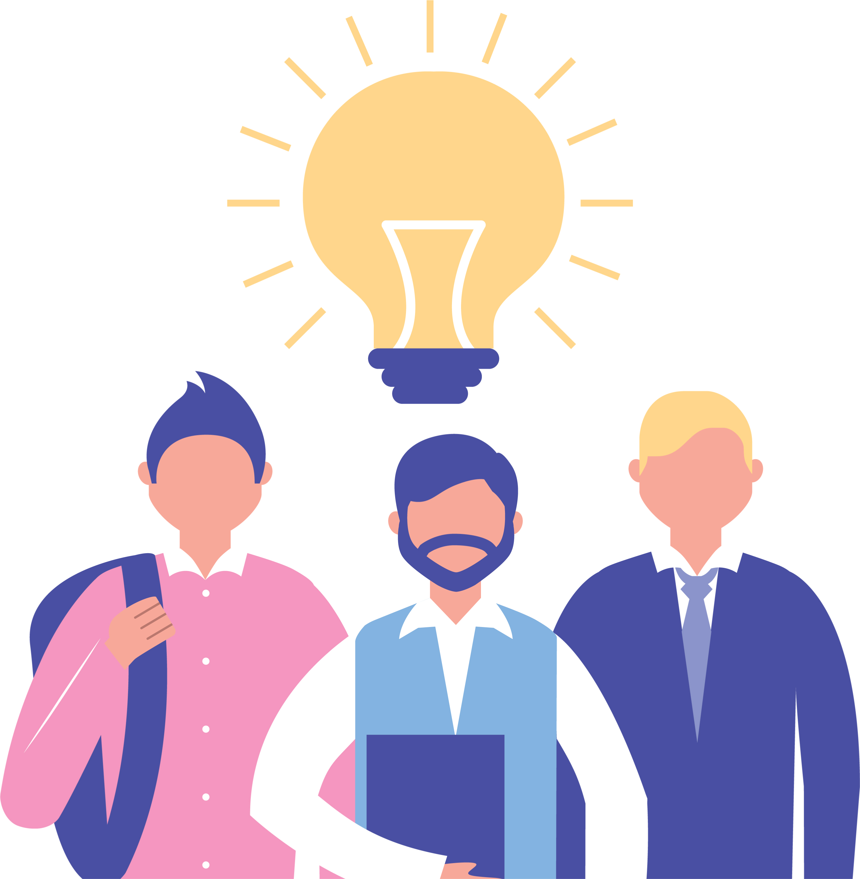 three people with a lightbulb idea graphic